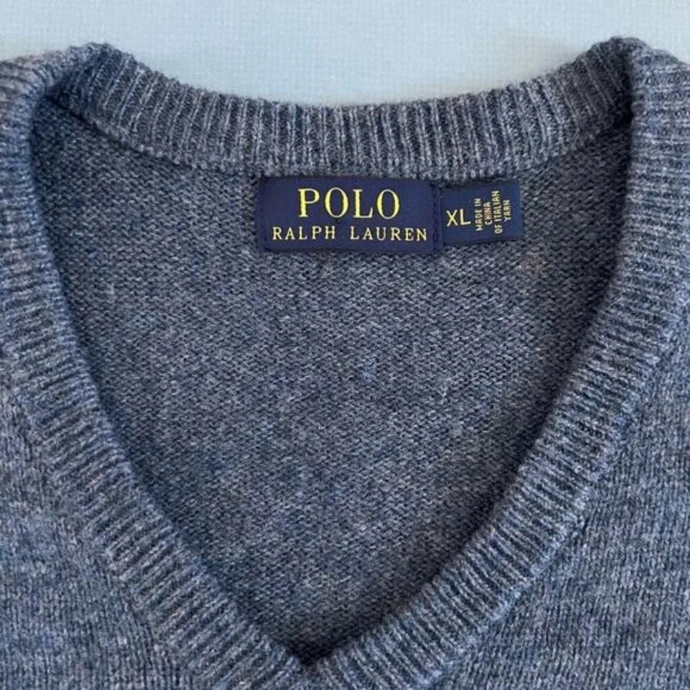 Polo Ralph Lauren Lambs Wool V Neck Blue‎ Knit Pullover Mens Sweater
